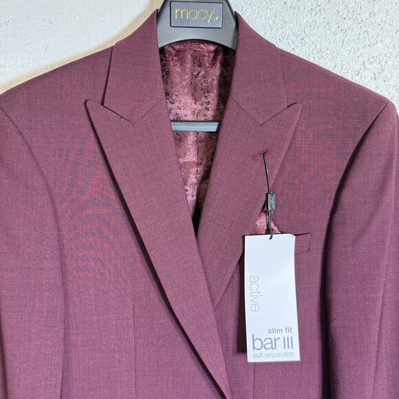 Bar III Men's Slim-Fit Wool Blend Suit Jacket Berry Red 36R $425 - Picture 4 of 10